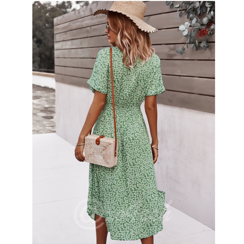 Green Floral Print Midi Dress Button Front V-Neck - Picture 2 of 16